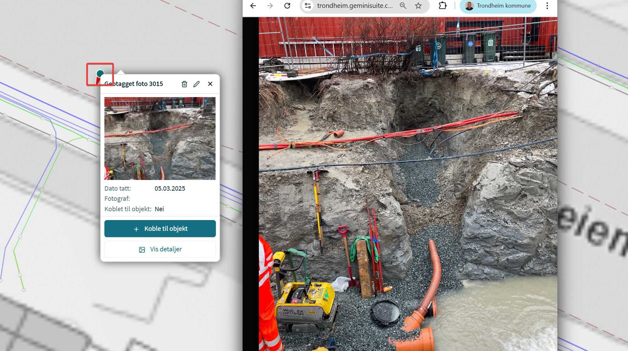 Screenshot eksempeldata nylig VA-prosjekt i Trondheim